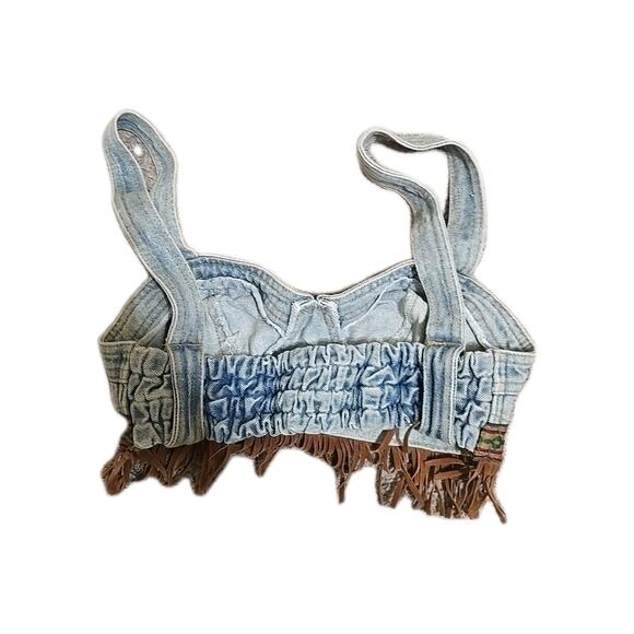Vtg Maximum Energy USA Blue Denim Fringe Boho Tank Crop Top Womans Size Medium - Picture 6 of 9